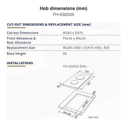 Hob dimensions: FH-GS2525