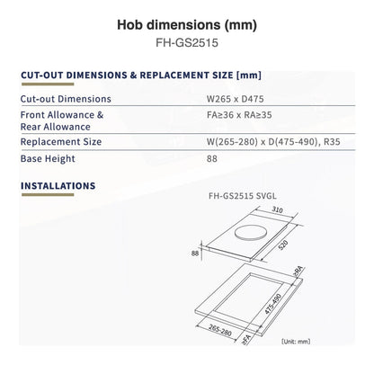 Hob dimensions: FH-GS2515