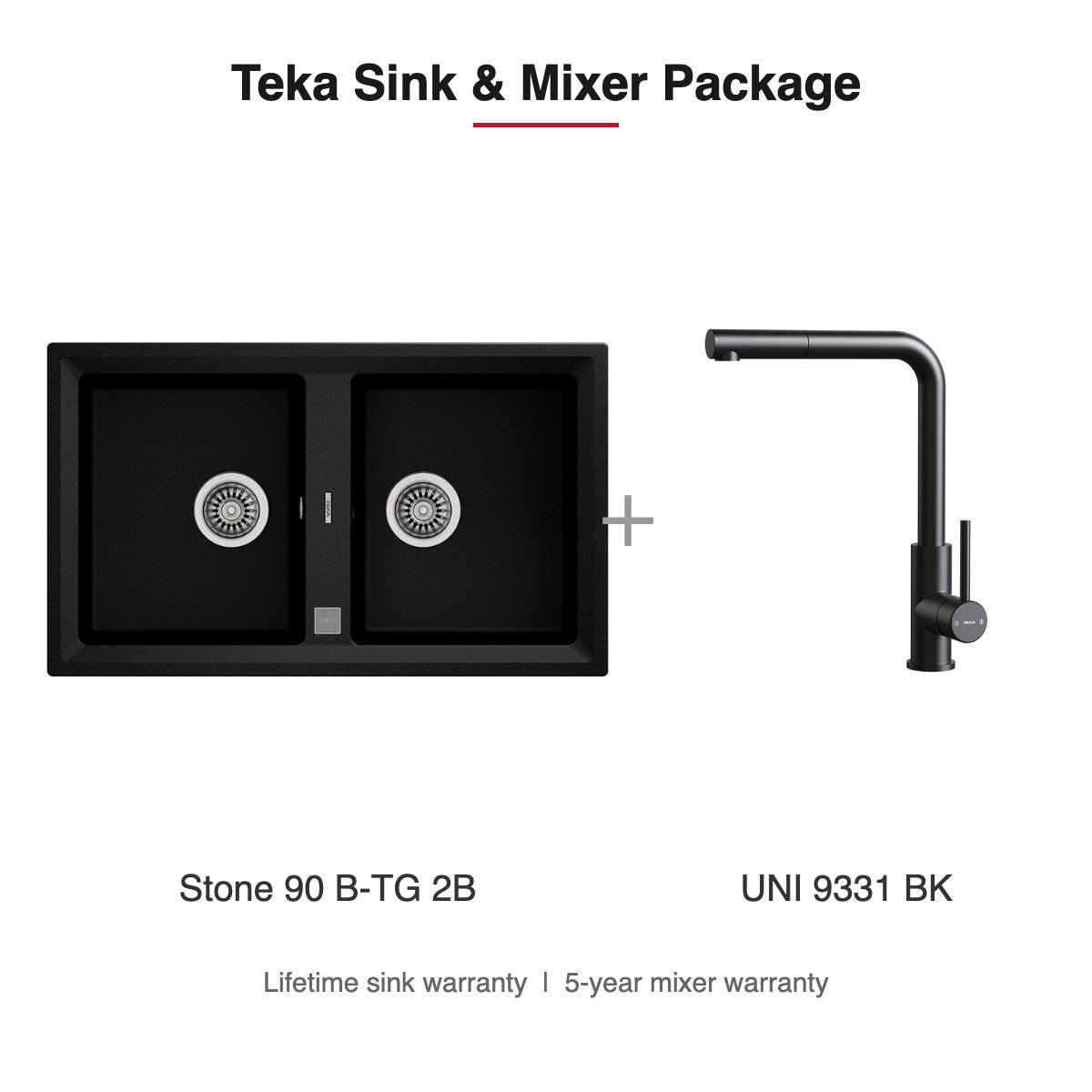Teka Sink and Mixer Package: Stone 90 B-TG 2B + UNI 9331 BK