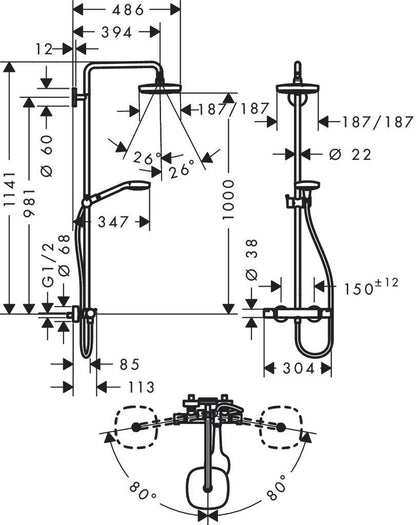 hansgrohe 26150409 thermostatic showerpipe dimension