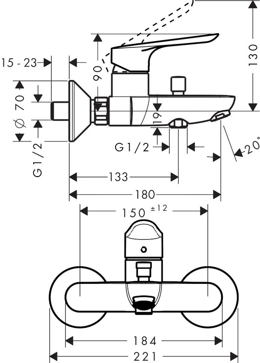 hansgrohe bath mixer dimension